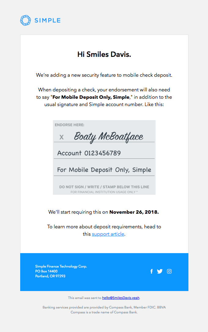 Simple Mobile Deposit Security Email